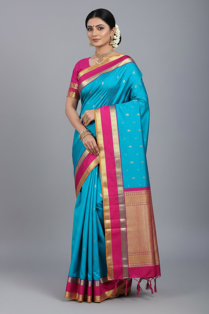 Pure Kanchipuram Silk Saree Sky Blue Colour with Rettai Pettu Border
