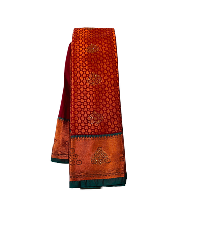 Vegan Silk Saree Maroon shade with Copper and Green Border