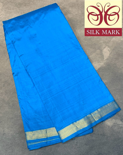 9X5 Pure Silk Dhoti Sky Blue with Small Golden Zari Border