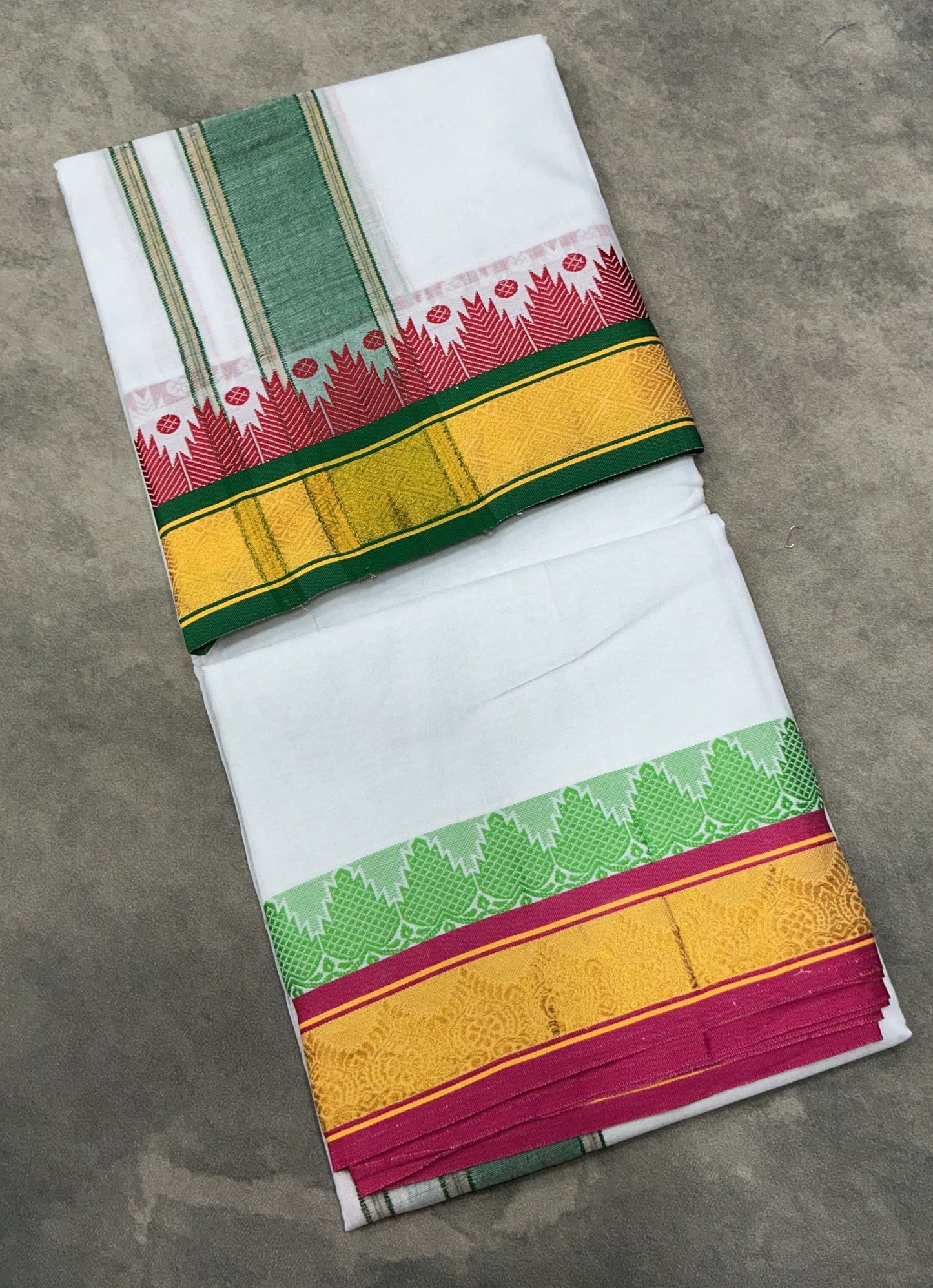 9X5 Cotton Dhoti White Colour with Green and Yellow Border with Angavastram