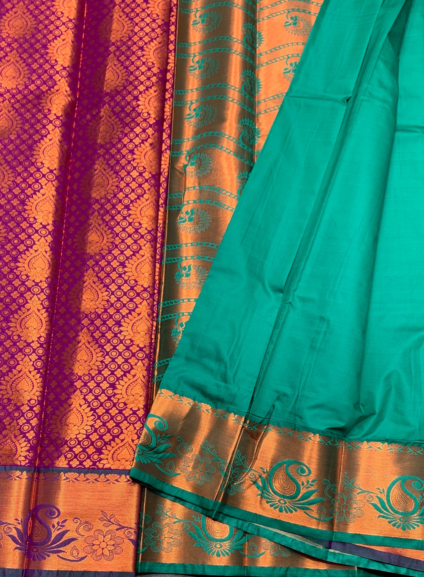 Vegan Silk Saree Magenta Colour with Green and Copper Border