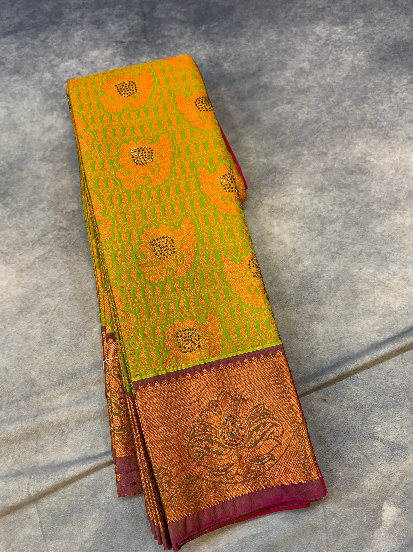 Bridal Vegan Silk Saree Light Green Colour with Copper Border