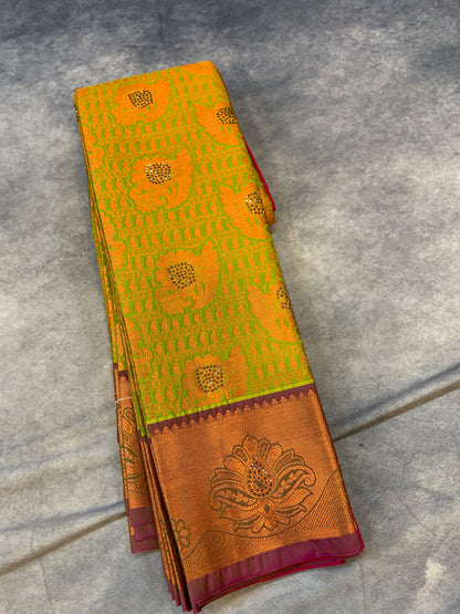 Bridal Vegan Silk Saree Light Green Colour with Copper Border