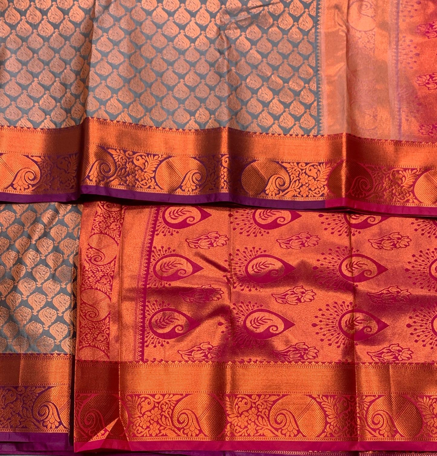 Vegan Silk Saree Greyish Brown Colour Saree with Copper Paisly Mango Motifs