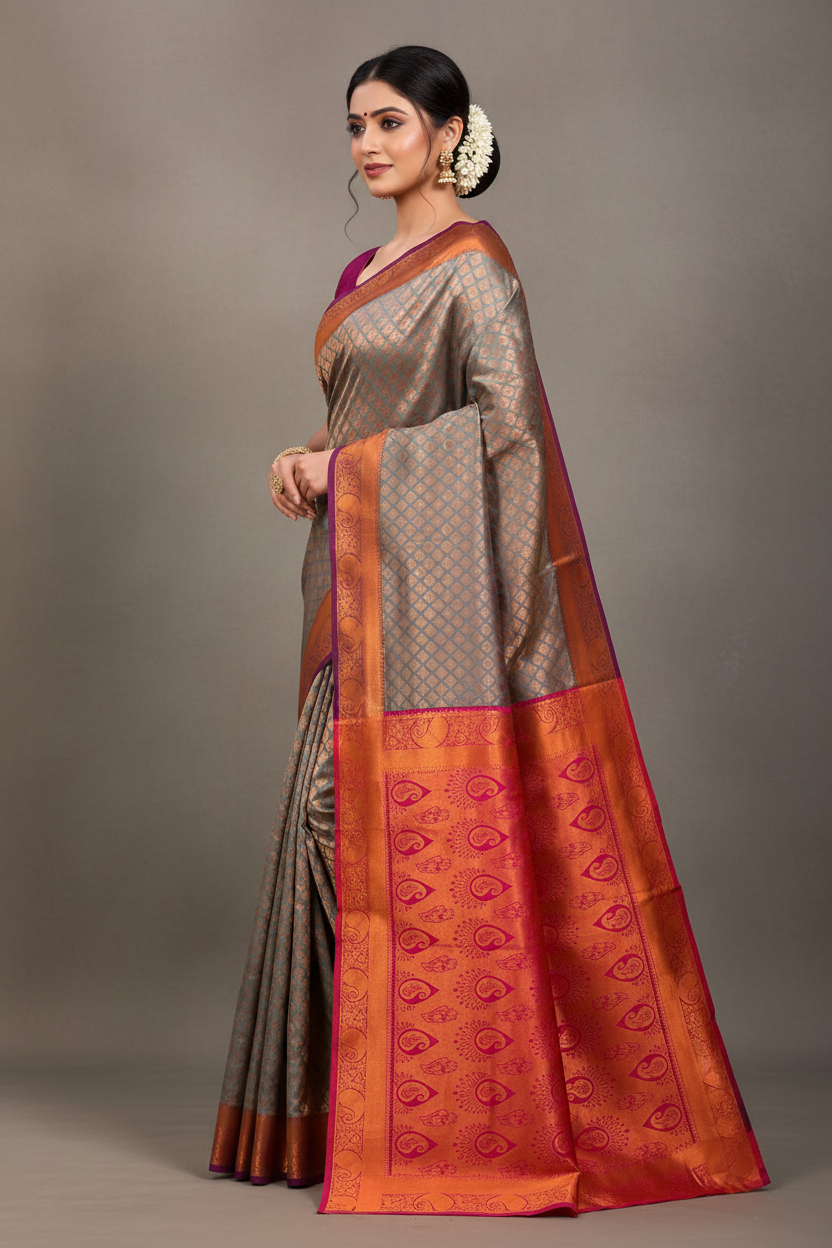 Vegan Silk Saree Greyish Brown Colour Saree with Copper Paisly Mango Motifs
