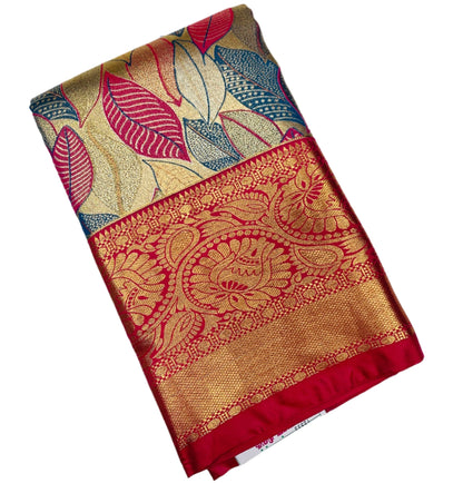 Sky Blue & Pink Leaf Soft Kanchi Tissue Pattu Saree with Pink border