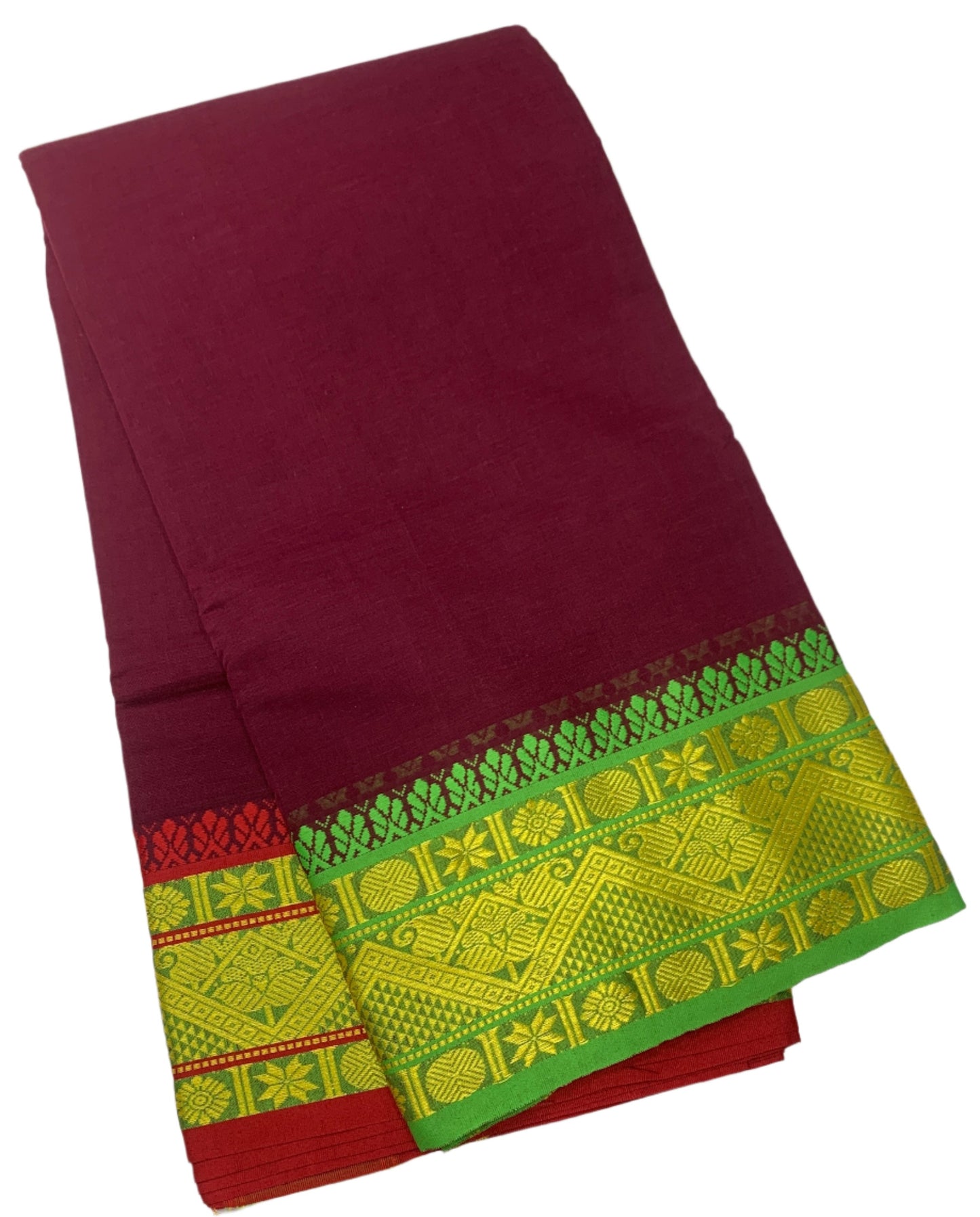 9X5 Cotton Dhoti Brown Colour with Light Green and Red Border