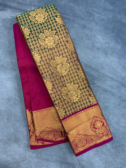 Vegan Silk Saree Olive Green Colour with Pink and Copper Border
