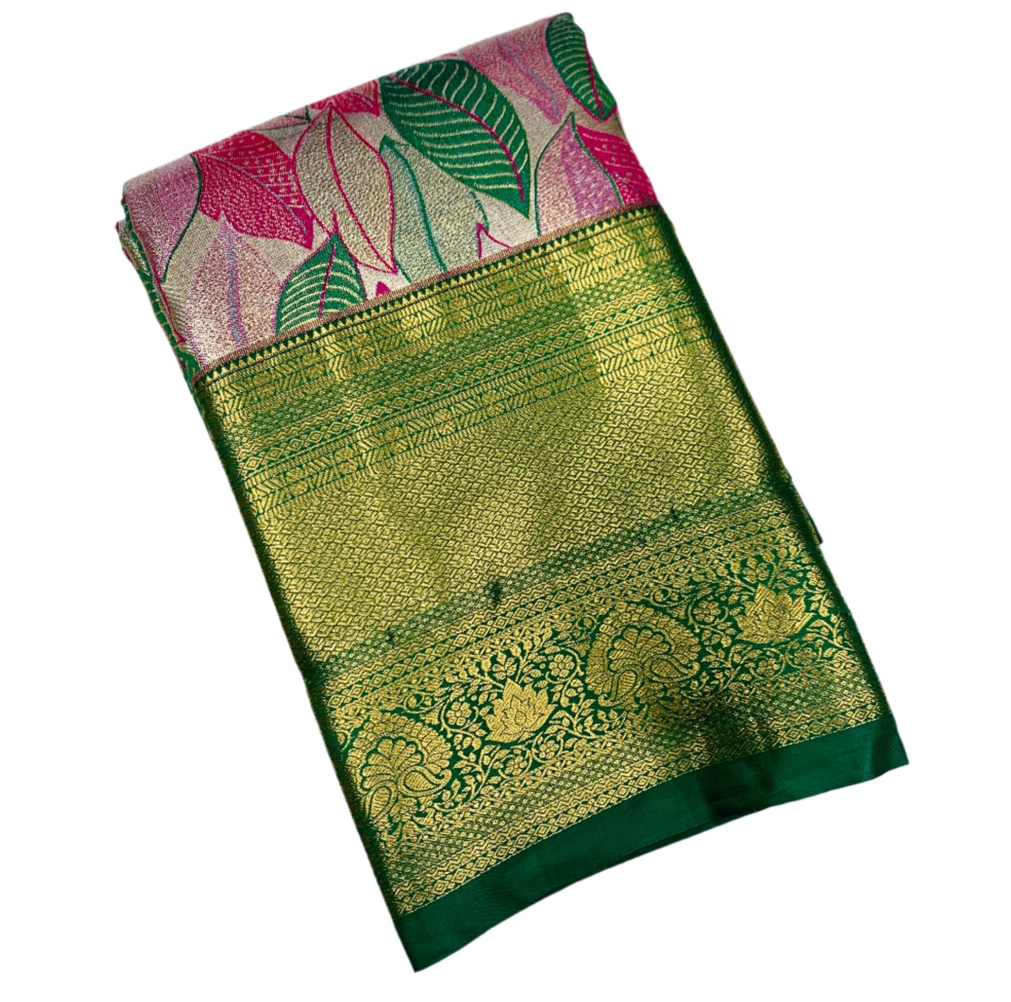 Green & Pink Leaf Soft Kanchi Tissue Pattu Saree with Green Border