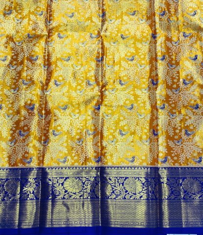 Orange shade Pure Kanchipuram Kids Pattu Pavadai with Contrast border for age 2 to 5