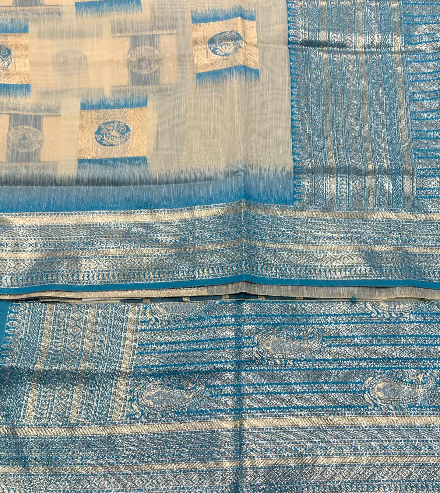 Banaras Katan Saree Off White Colour with Sky Blue Katan Work Border