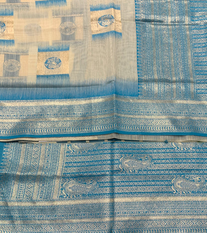 Banaras Katan Saree Off White Colour with Sky Blue Katan Work Border