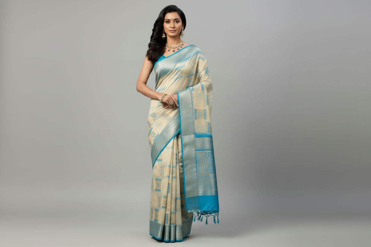 Banaras Katan Saree Off White Colour with Sky Blue Katan Work Border