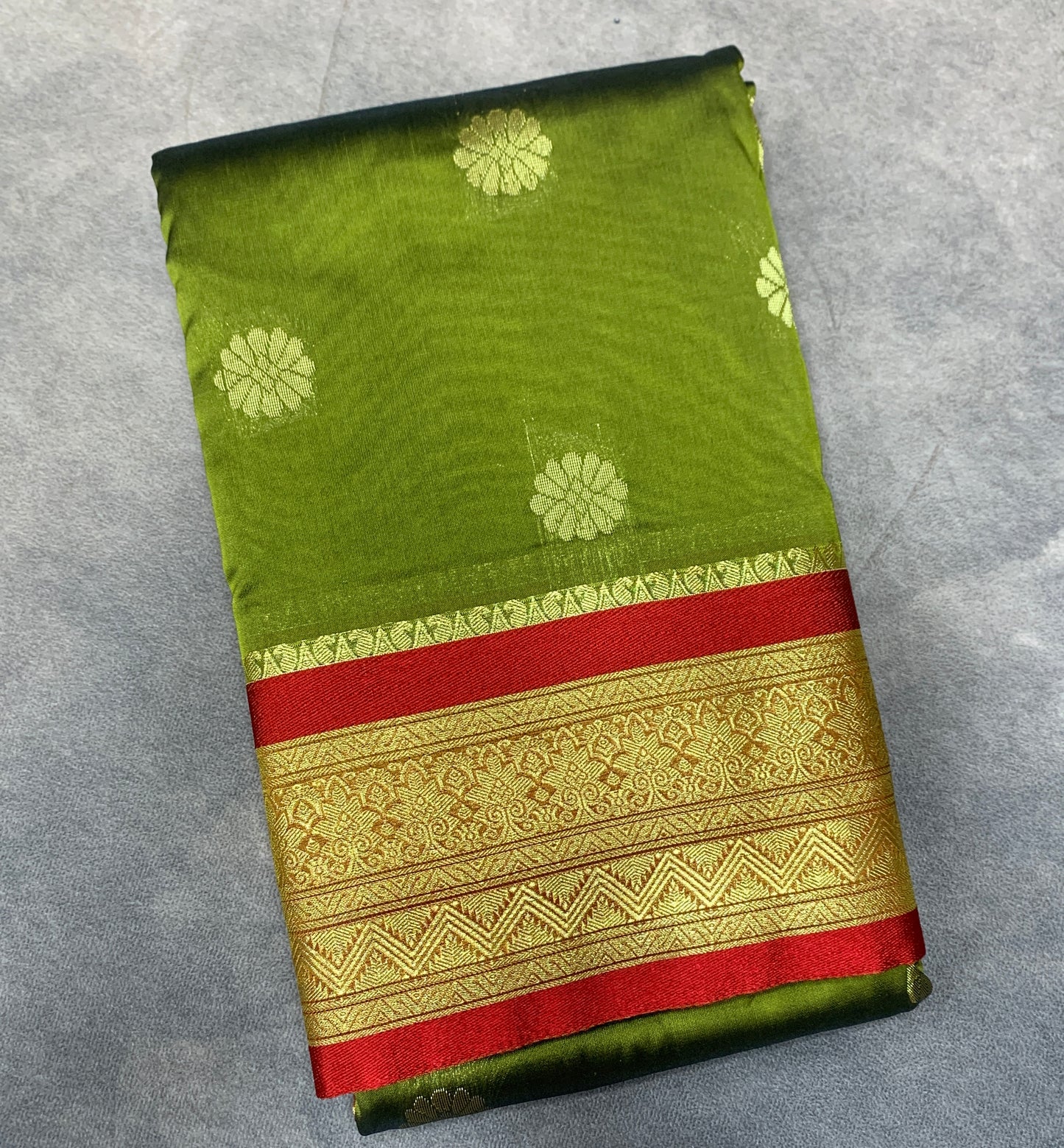 Olive Green shade saree with Golden and Red Border