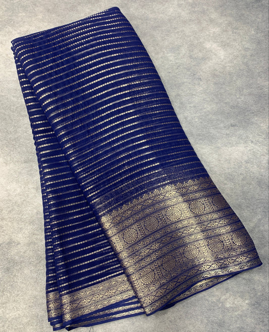 Georgette Saree Blue Colour with Sliver Floral Design Border