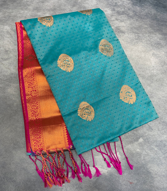 Soft Vegan Silk Saree Sapphire Colour with Pink and Copper Border