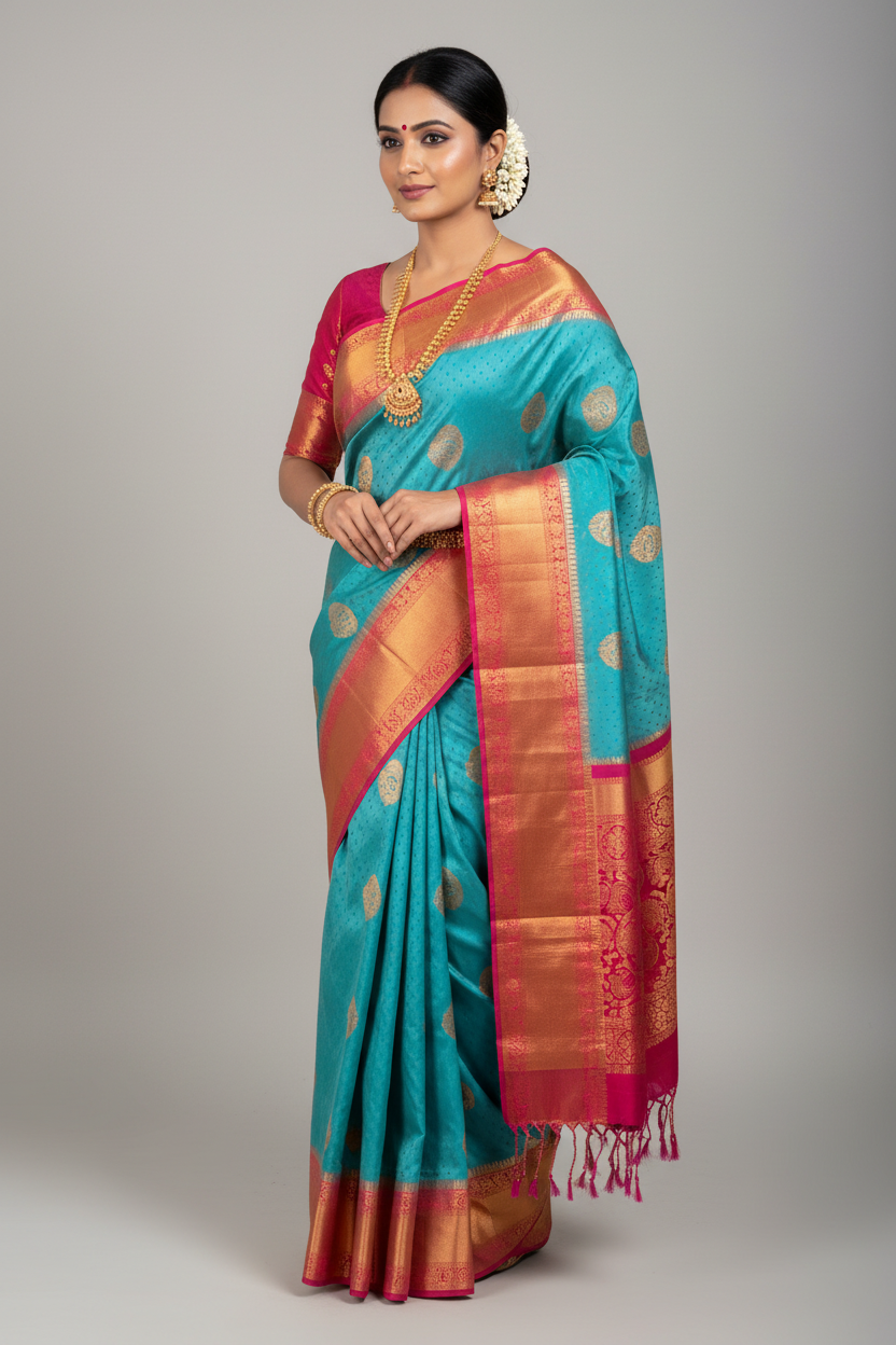 Soft Vegan Silk Saree Sapphire Colour with Pink and Copper Border