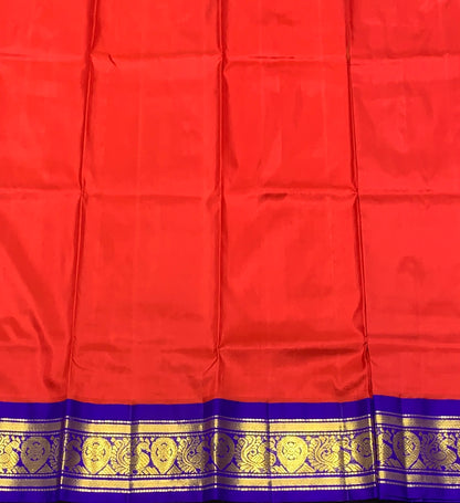 Red Shade Pure Kanchipuram Kids Pattu Pavadai with Contrast Border for age 2 to 5