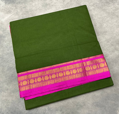 Chettinad Cotton Saree Olive Green Colour with Rani Pink Colour with Zari Work Border