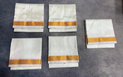 Art Silk Pooja Towel Cream with Small Gold Zari Border - Pack of 5