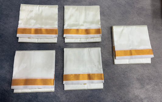 Art Silk Pooja Towel Cream with Small Gold Zari Border - Pack of 5