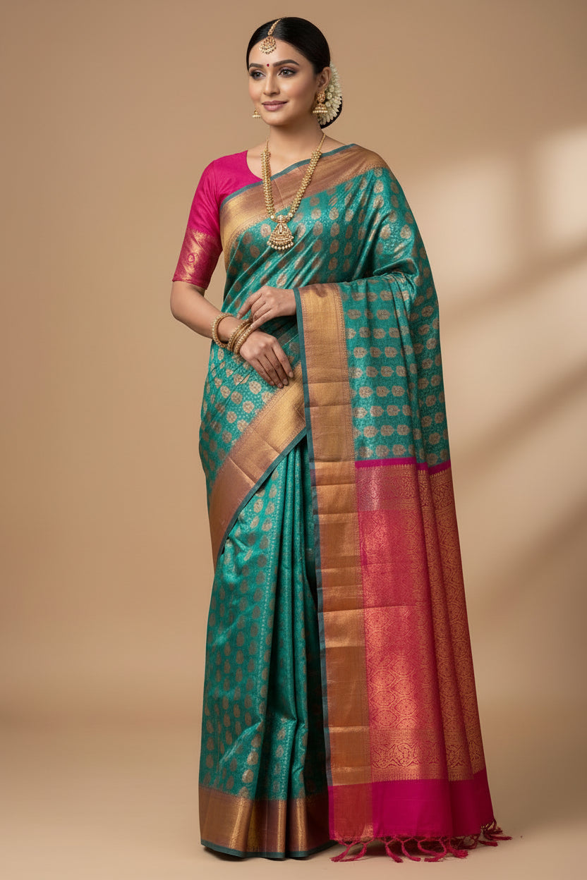 Vegan Silk Saree Light Green Colour with Magenta and Copper Border