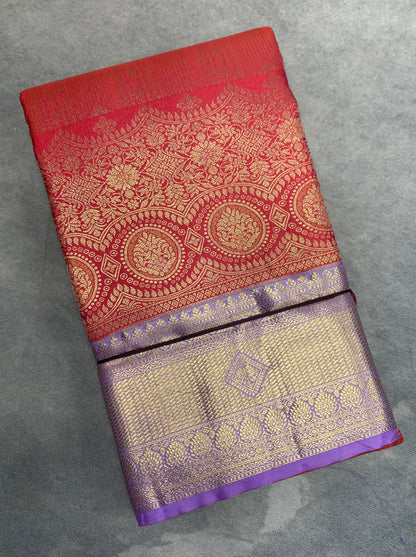Fancy Tissue Saree Red Colour with Lavender Colour Border