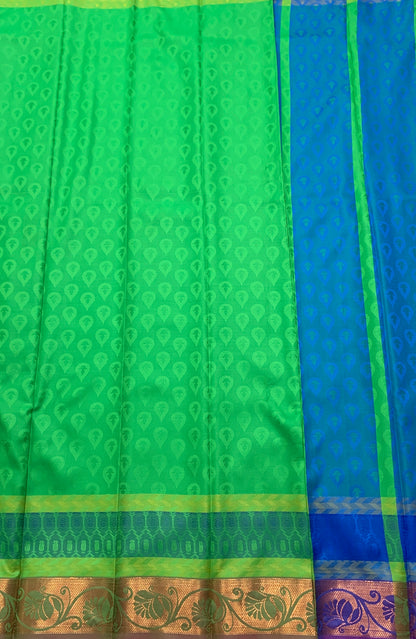 Synthetic Cotton Saree Light Green Shade with Golden Border and Floral Design