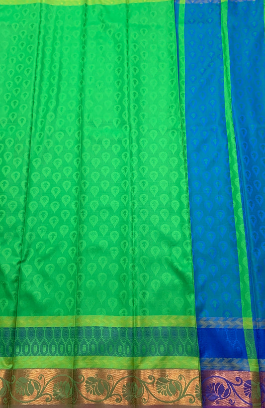 Synthetic Cotton Saree Light Green Shade with Golden Border and Floral Design