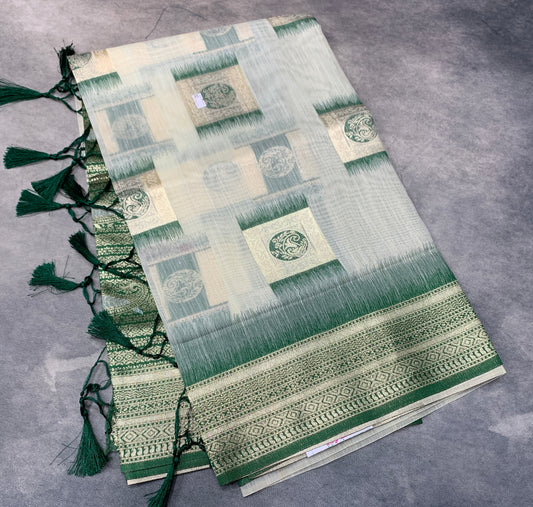 Banaras Katan Saree Off White Colour with Green Katan Work Border