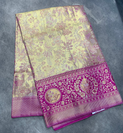 Sliver Pink Shade Soft Kanchi Tissue Pattu Saree with Pink border