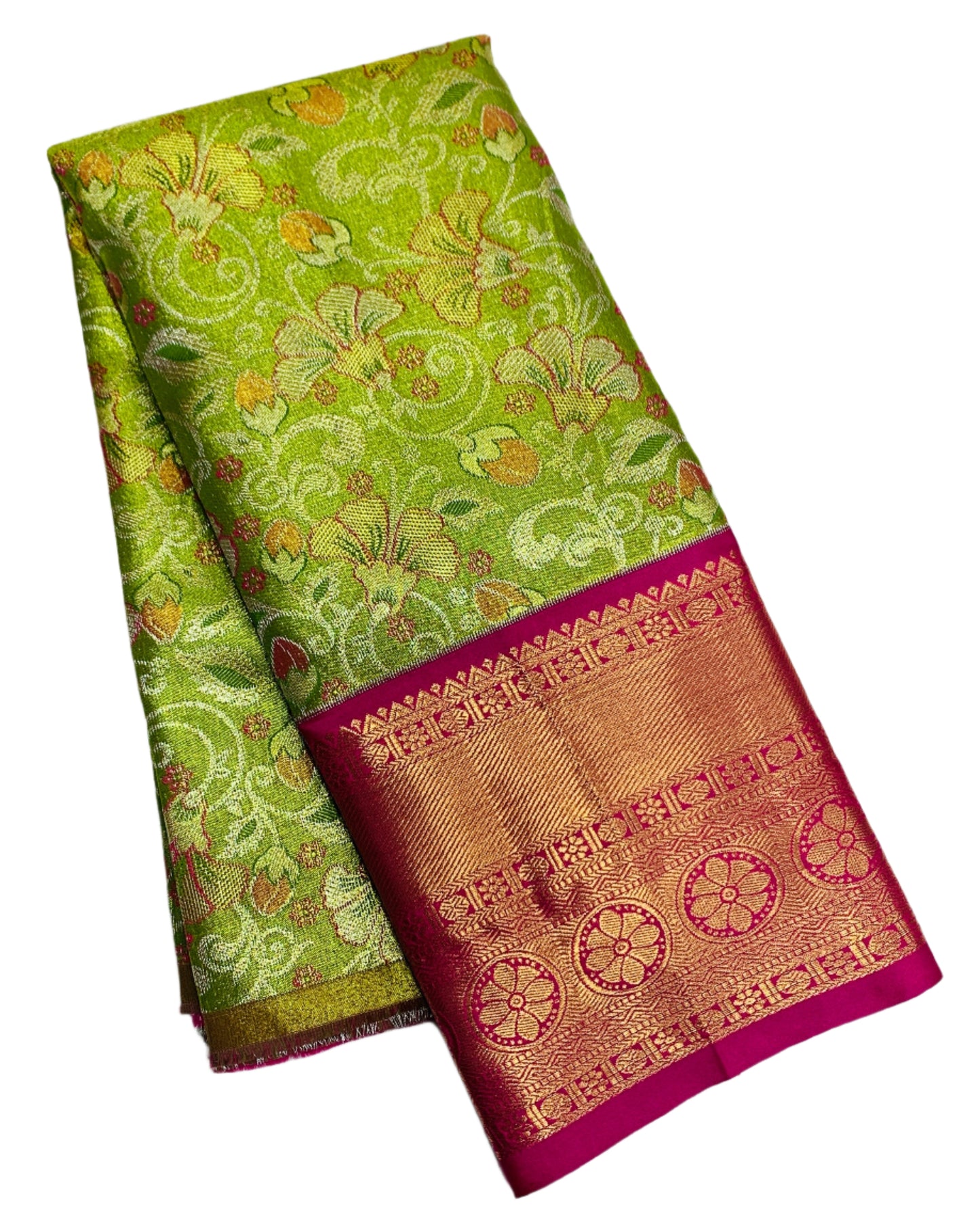 Parrot Green Shade Vegan Silk Kids Pattu Pavadai with Contrast border for age 2 to 5