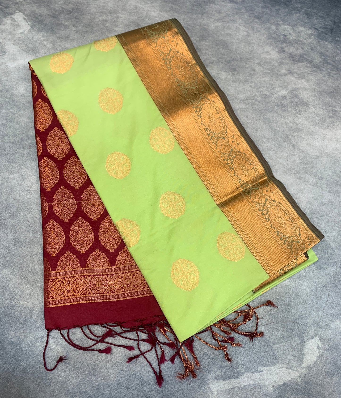 Soft Vegan Silk Saree Pista Green Colour with Copper Border