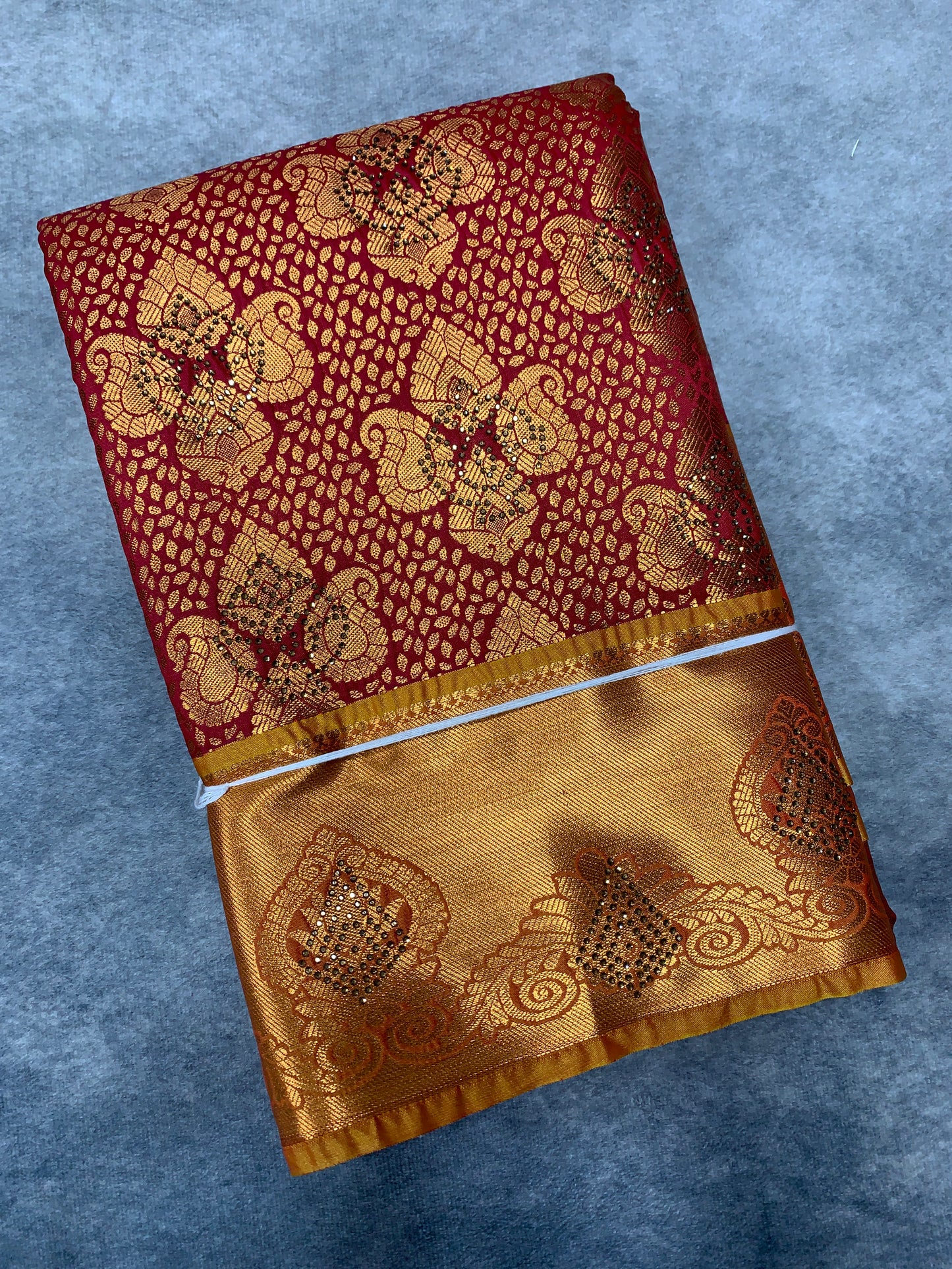Vegan Silk Saree Maroon Colour with Copper and Golden Yellow Border