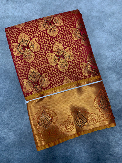 Vegan Silk Saree Maroon Colour with Copper and Golden Yellow Border