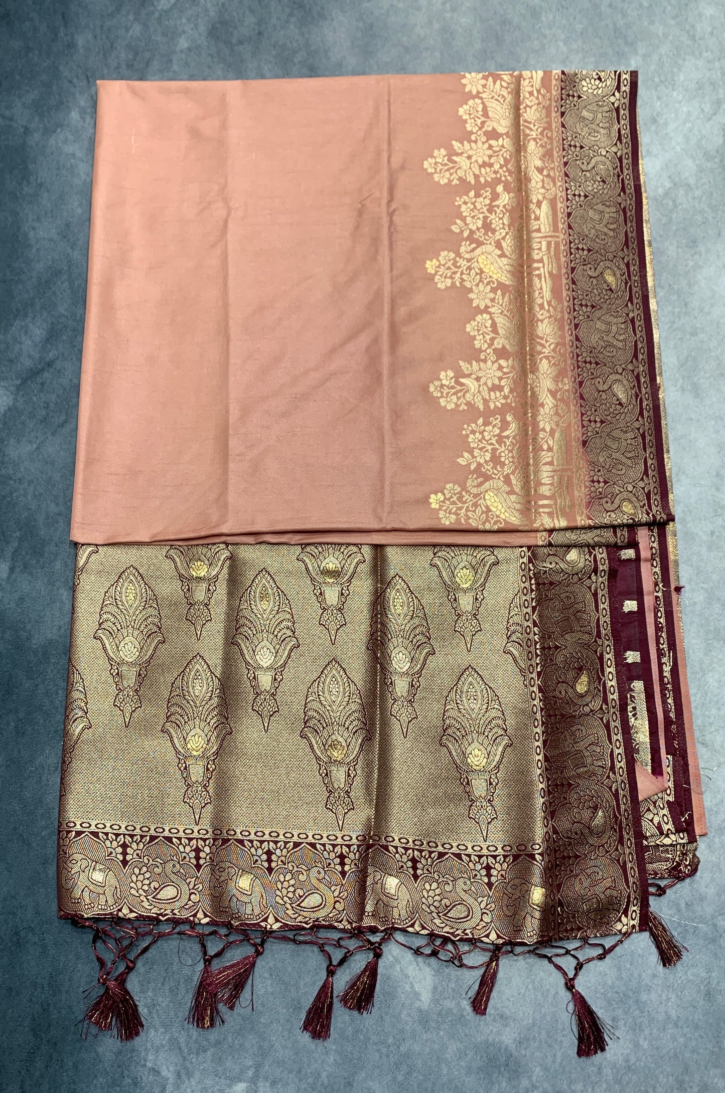 Soft Silk Casual Saree Peach Colour with Brown Colour Border