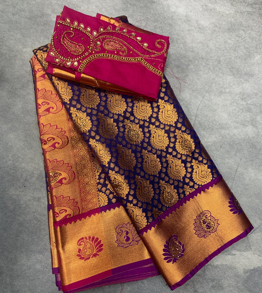 Bridal Vegan Silk Saree Navy Blue shade with Purple Border with Unstitched blouse in Aari work