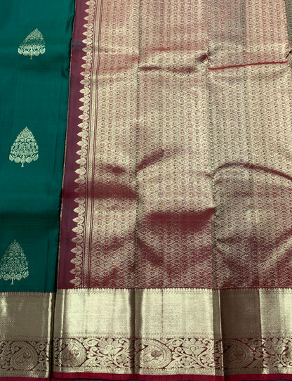 Pure Kanchipuram Silk Saree Green Colour with Golden and Maroon Border