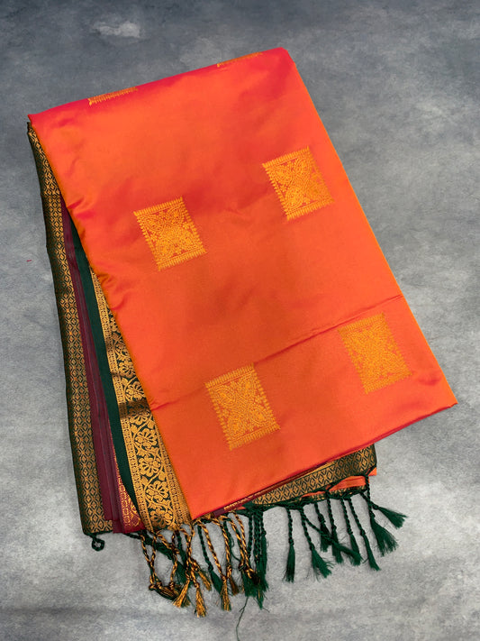Soft Vegan Silk Saree Orange Colour with Copper and Brown Border