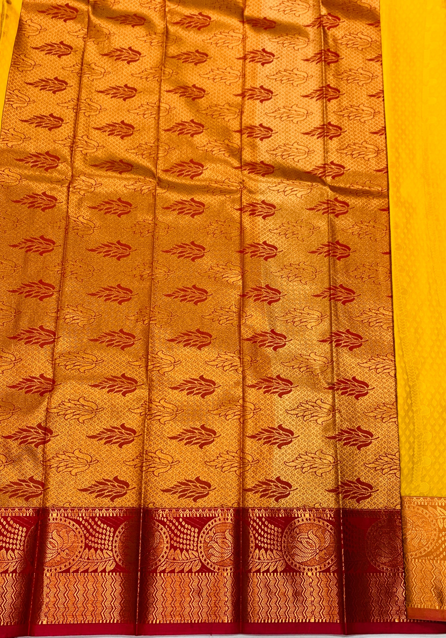 Vegan Silk Saree Yellow shade with Copper Border