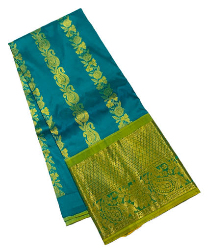 Green shad Pure Kanchipuram Kids Pattu Pavadai with Contrast border for age 5 to 10