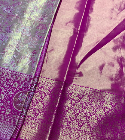 Sliver Pink Shade Soft Kanchi Tissue Pattu Saree with Pink border