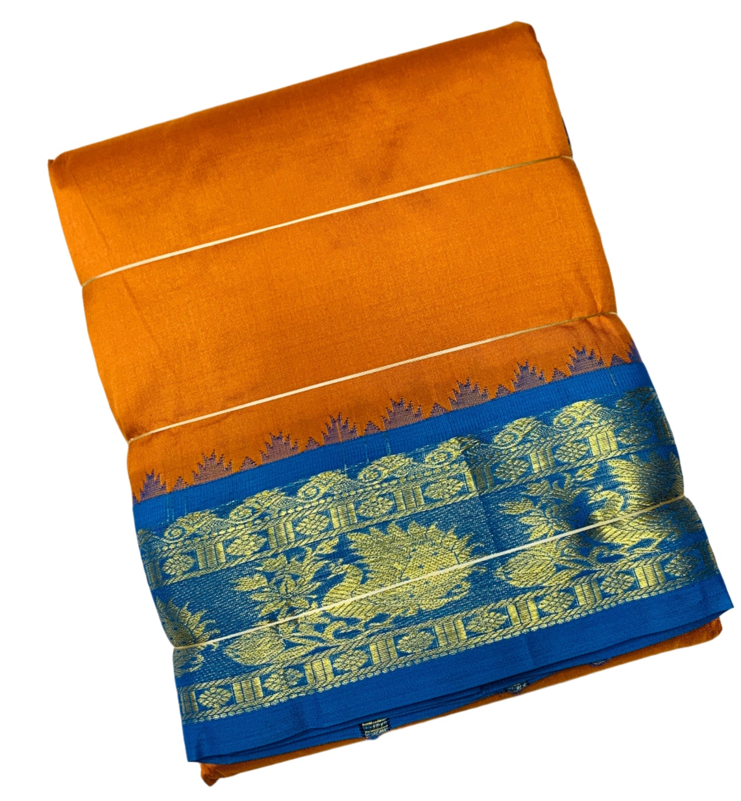 9X5 Pure Silk Dhoti Mango Yellow Colour with Sky Blue and Blue Ganga Jamuna Border