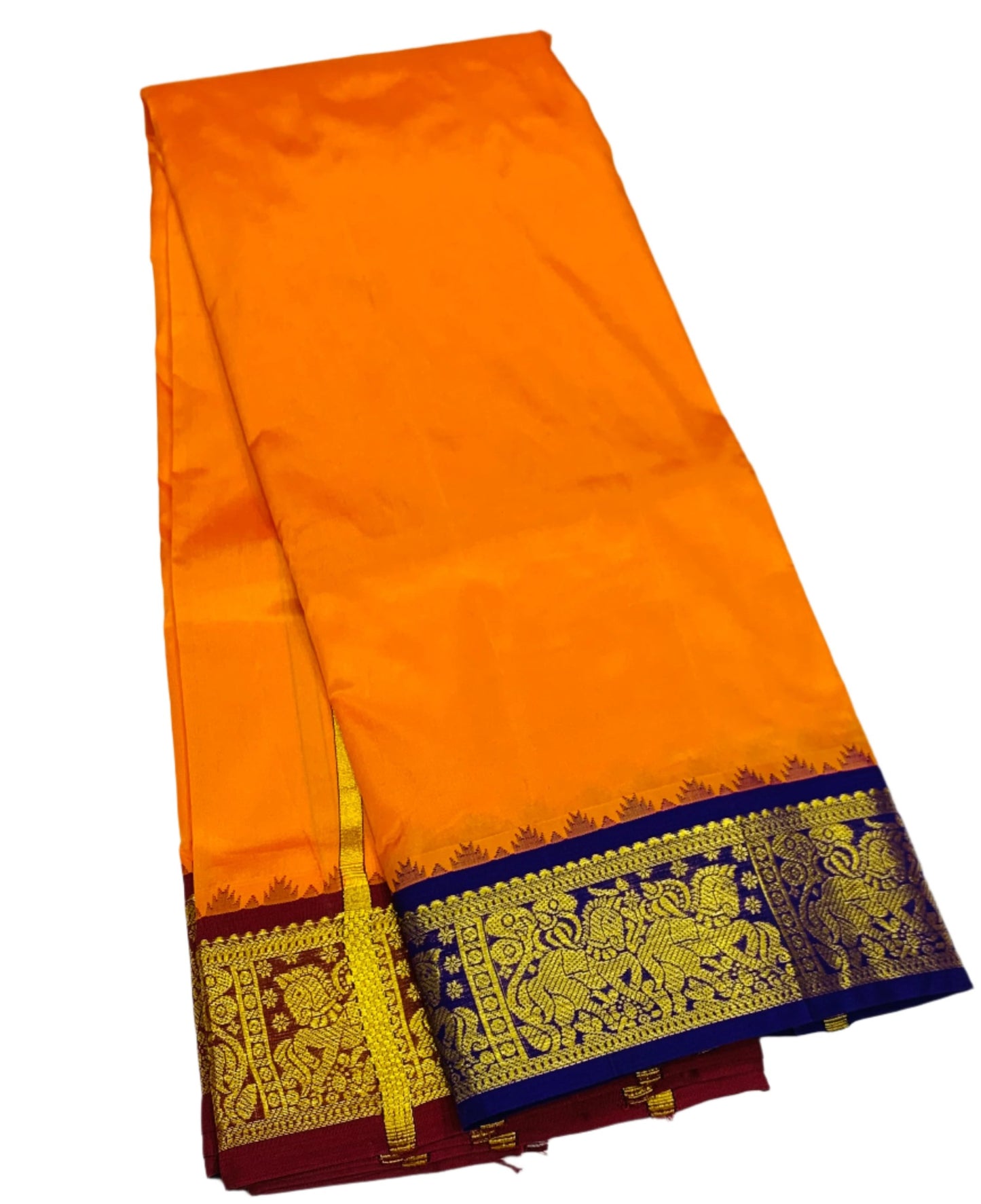 9X5 Pure Silk Dhoti Mango Yellow Colour Blue Border