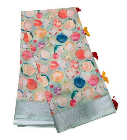 Jute Cotton Saree Mint Green Shade with Thread Border