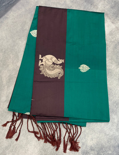 Art Silk Saree Peacock Green Colour with Brown Colour Border