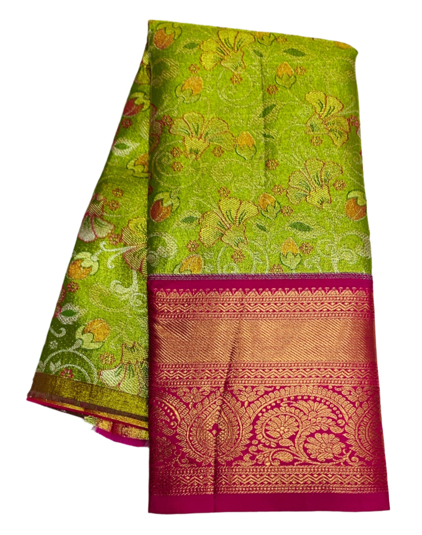 Golden Green Shade Vegan Silk Kids Pattu Pavadai with Contrast border for age 2 to 5