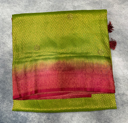 Soft Silk Saree Olive Green Colour and Stone Work with Pink Colour Pallu