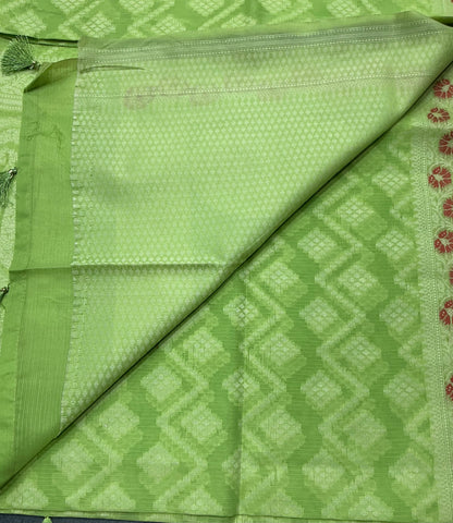 Chettinad Cotton Saree Lime Green Colour with Red Floral Motifs Sliver Zari Base Border