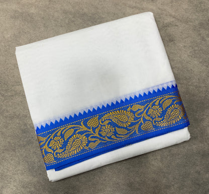 9X6 Cotton Dhoti White Colour with Blue and Light Green Border with Angavastram